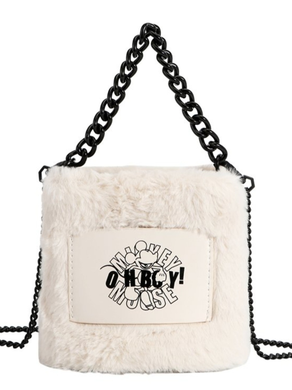 Oh Boy Mickey Mouse Cream Fur Crossbody HandBag with Black Chain